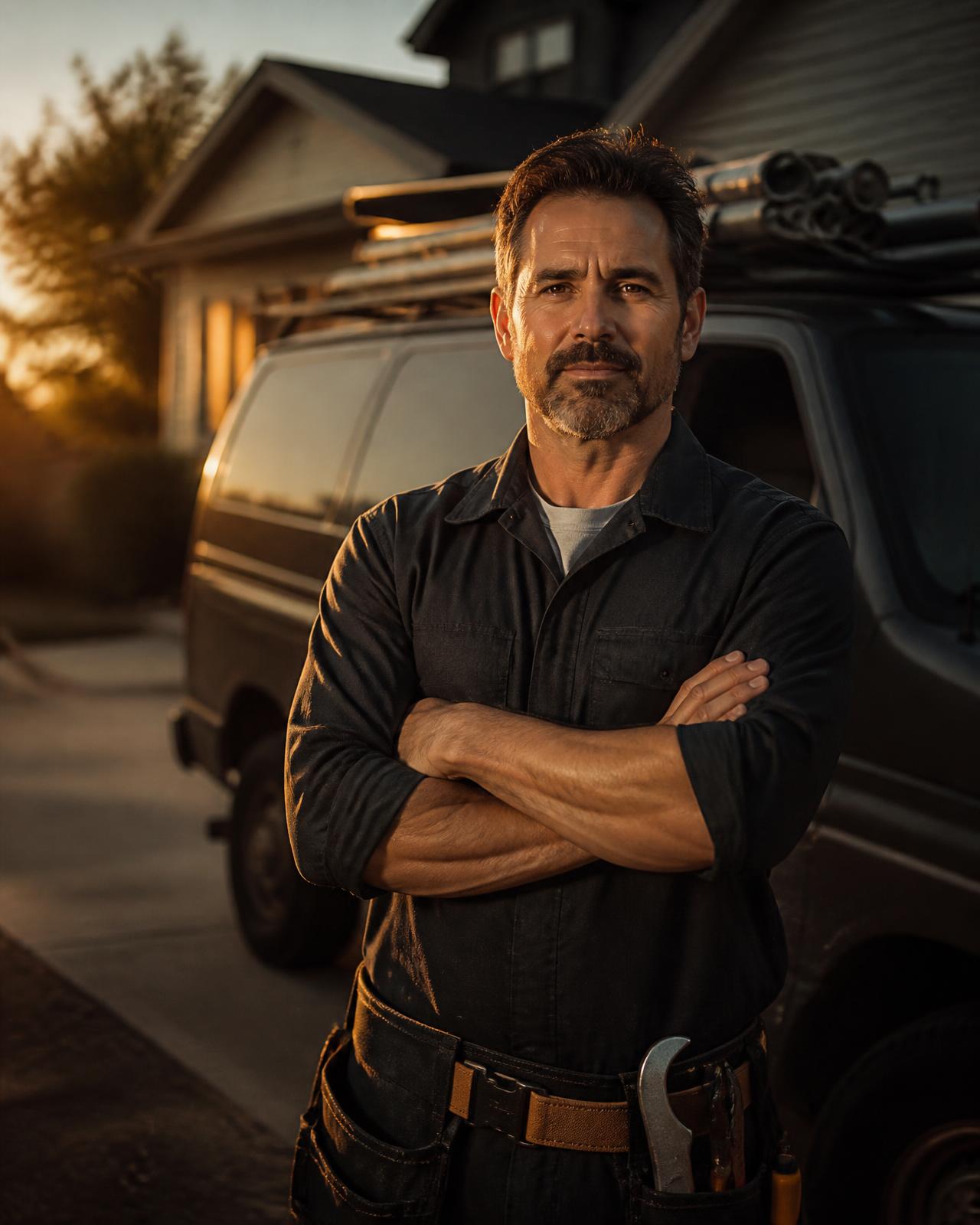 Home service business owner in front of his work van at golden hour